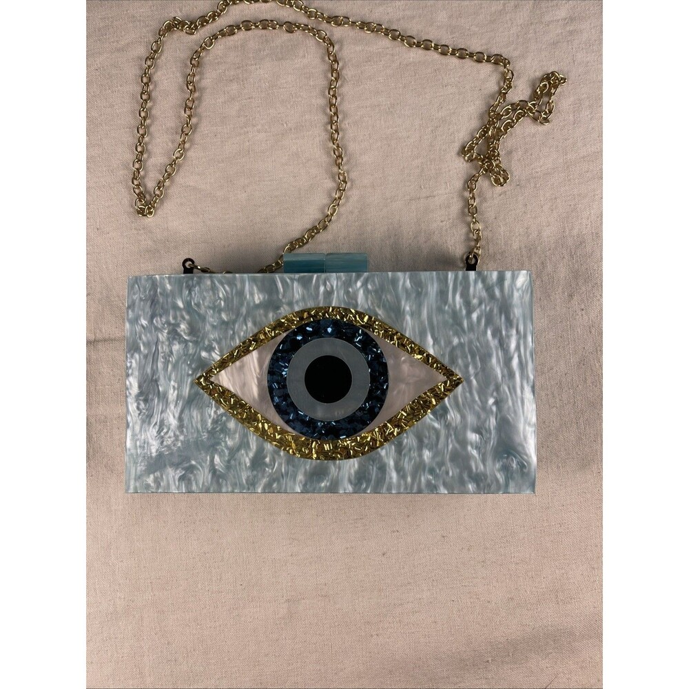 Evil Eye GOLD Evening Wedding Party Clutch Shoulder Bag Crossbody Aqua Blue